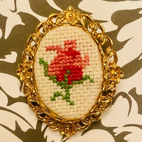 Jewelry - Rose Cross-stitch Brooch, Vintage